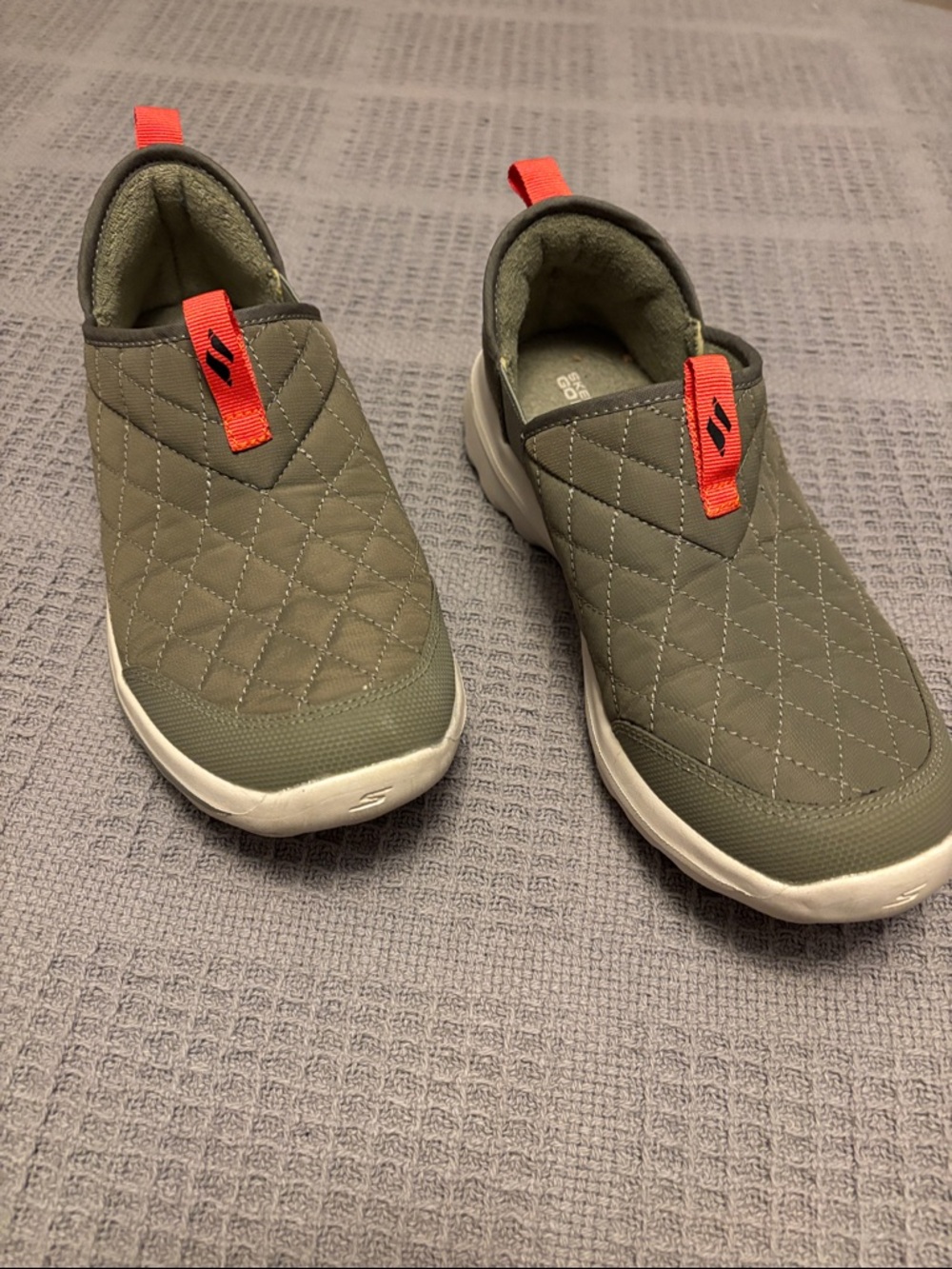 Skechers  Quilted Olive Slip-On Sneakers with Neon Orange Tabs